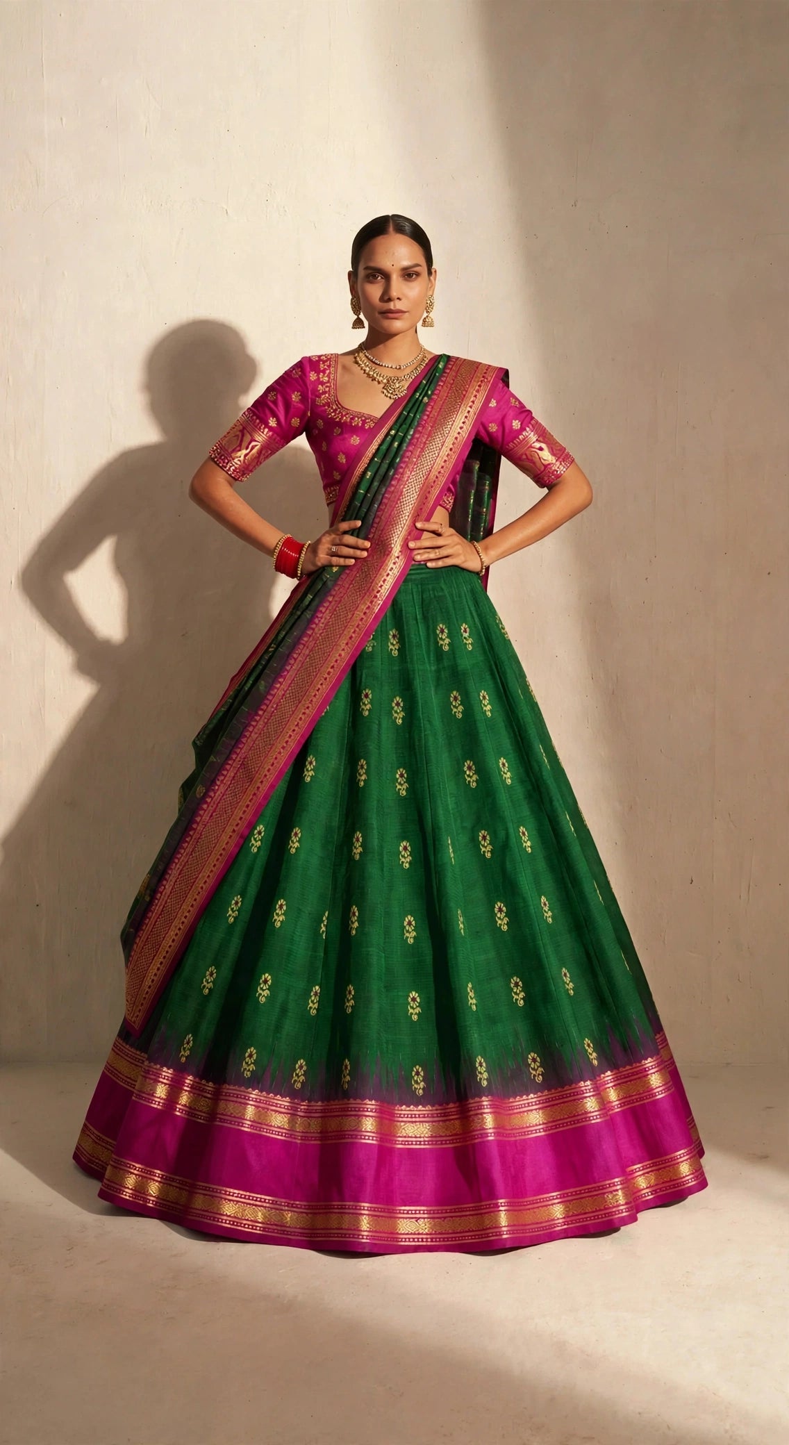 Emerald green Molkalmuru lehenga set with magenta silk blouse - front view with dupatta draped