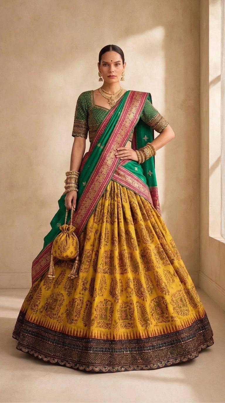 Mustard Ilkal Handloom Block Print Lehenga Set