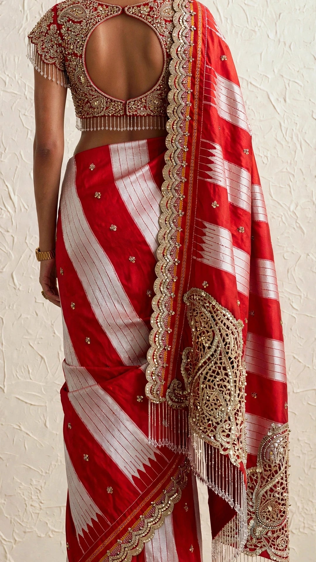 All-Silk Tope Teni Ilkal Saree with Jaali Paisleys & Crystal Fringe