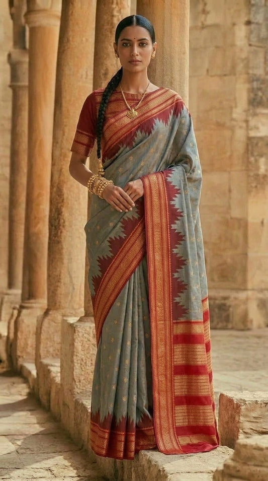Ilkal Silk Saree - Grey & Red
