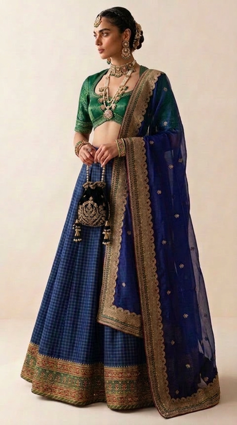 Deep Blue Ilkal Silk Checks Bridal Lehenga Set with Floral Hand Embroidery