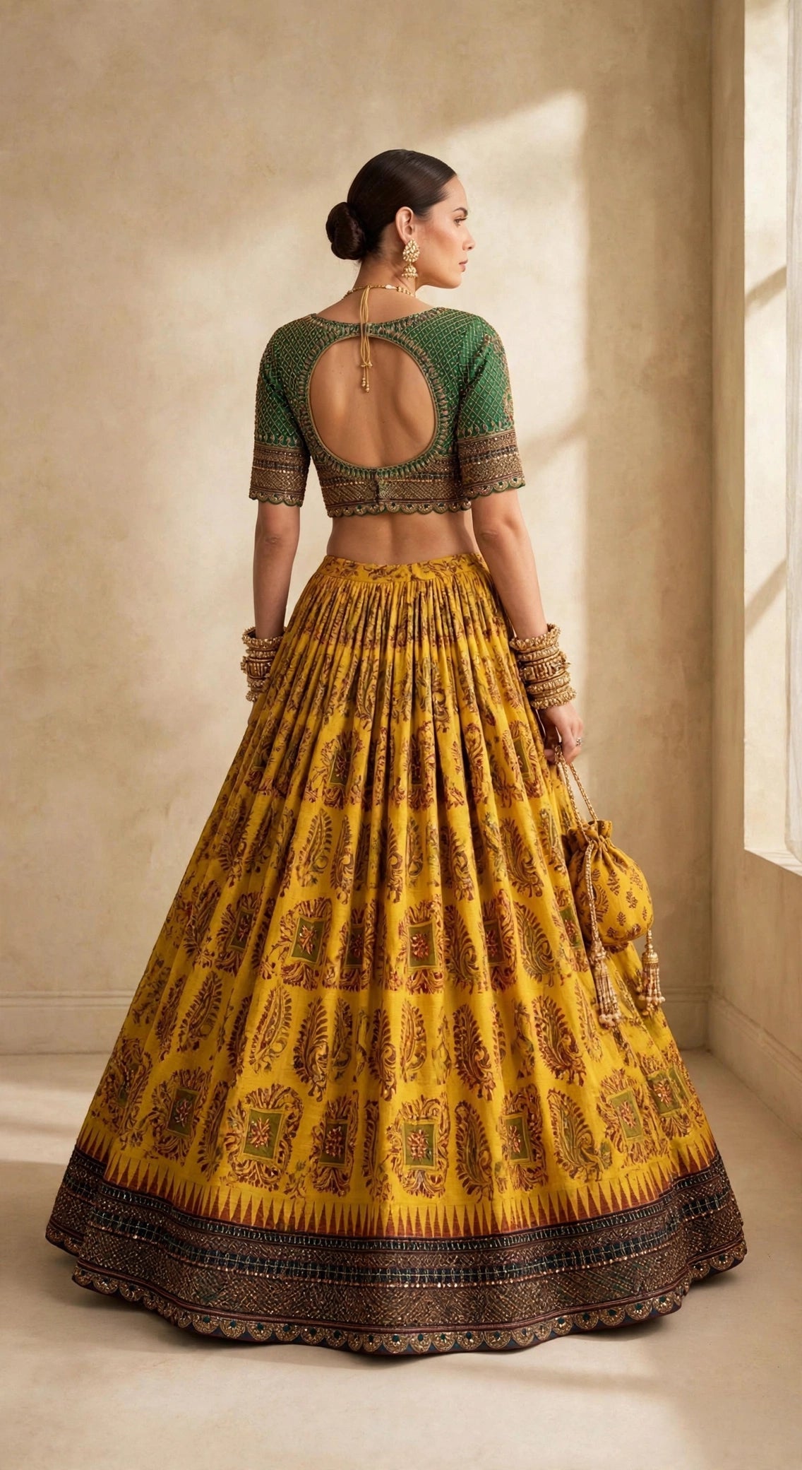 Mustard Ilkal block print lehenga set - back view showing keyhole blouse