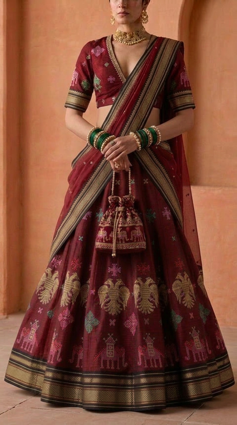 Gandaberunda Ilkal Silk Lehenga Set