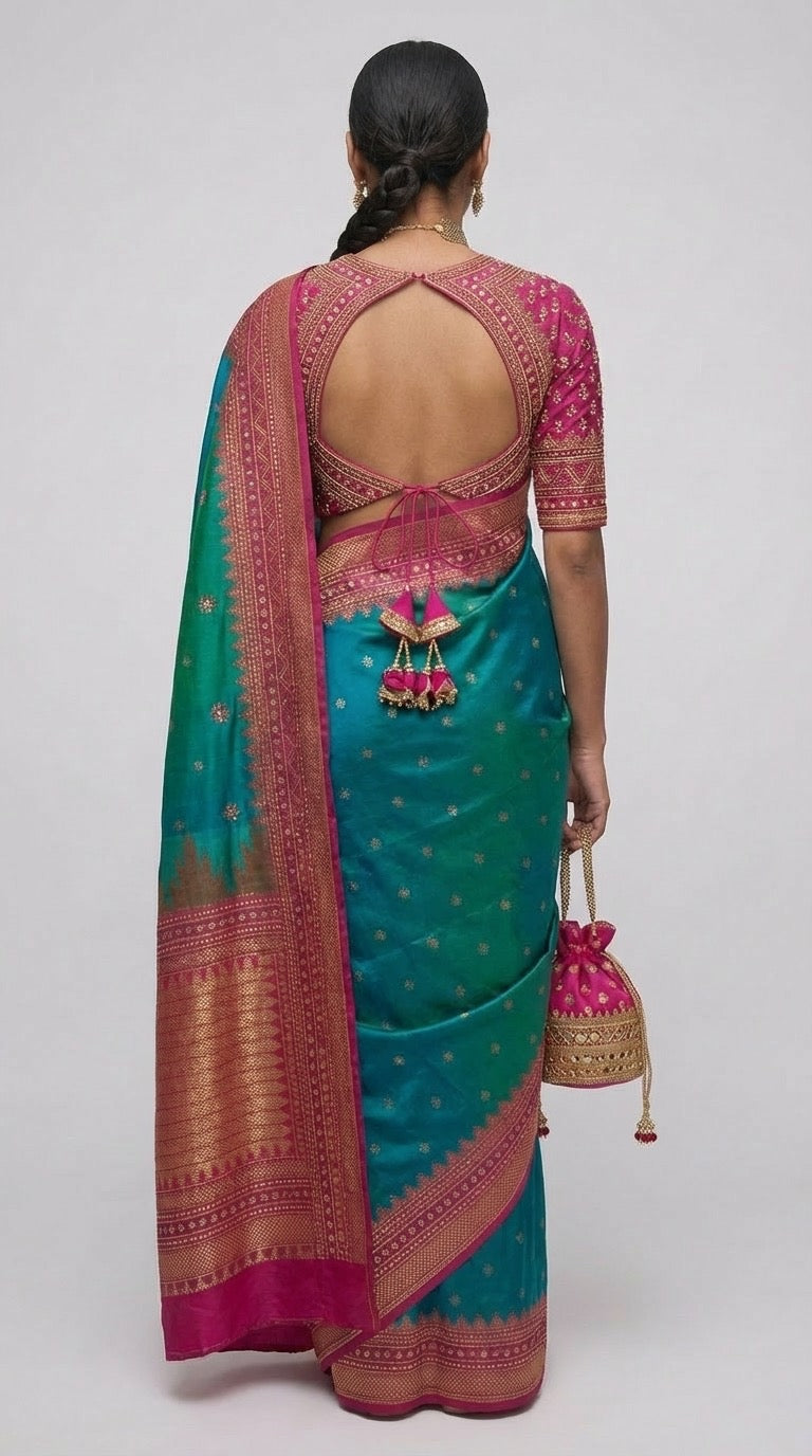 Sari en soie Banarasi sarcelle et rose avec bordure Zari dorée