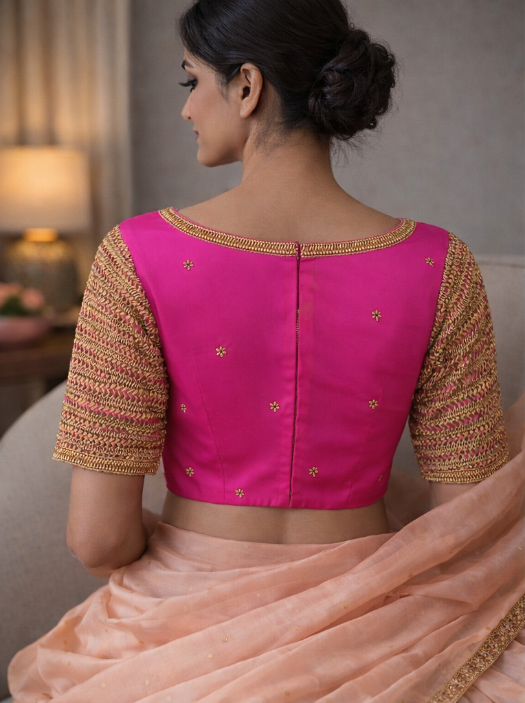 Woman wearing a pink blouse with gold detailing and peach skirt indoors.