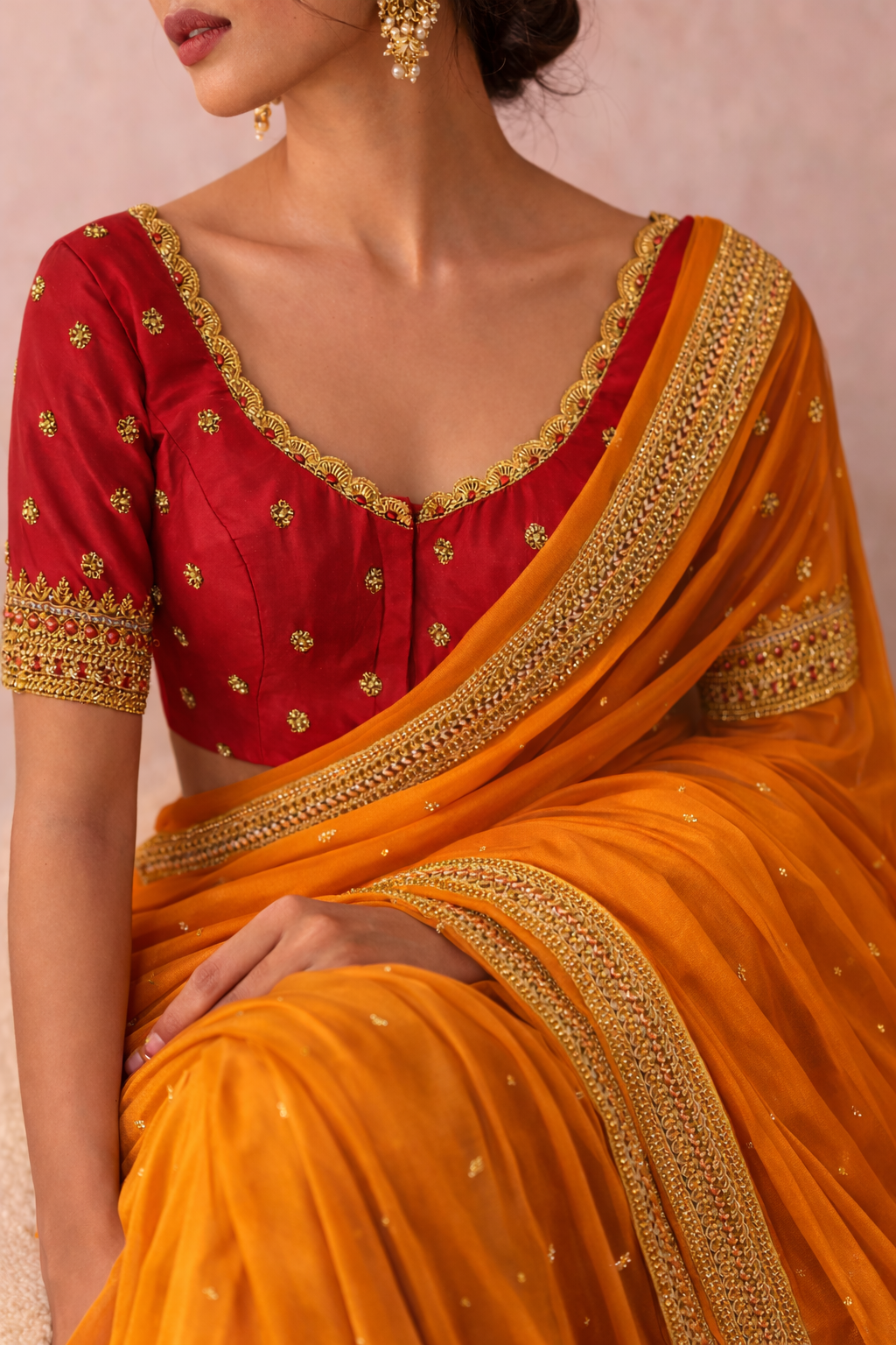 Red Embroidered Blouse with Golden Zari Work