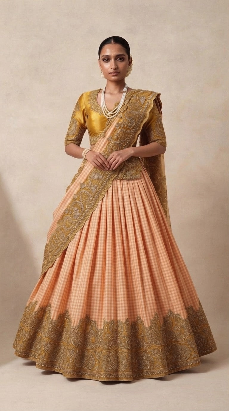 The Peach Gaja Silk — lehenga silhouette, front view showing full pleated skirt and embroidered gold hem
