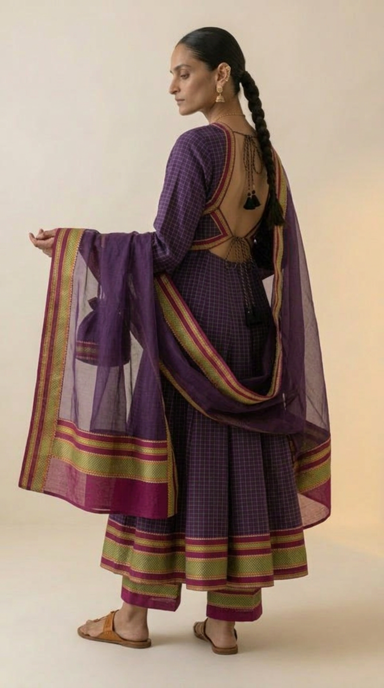 Violet Checks Silk Anarkali Set with Zari Border