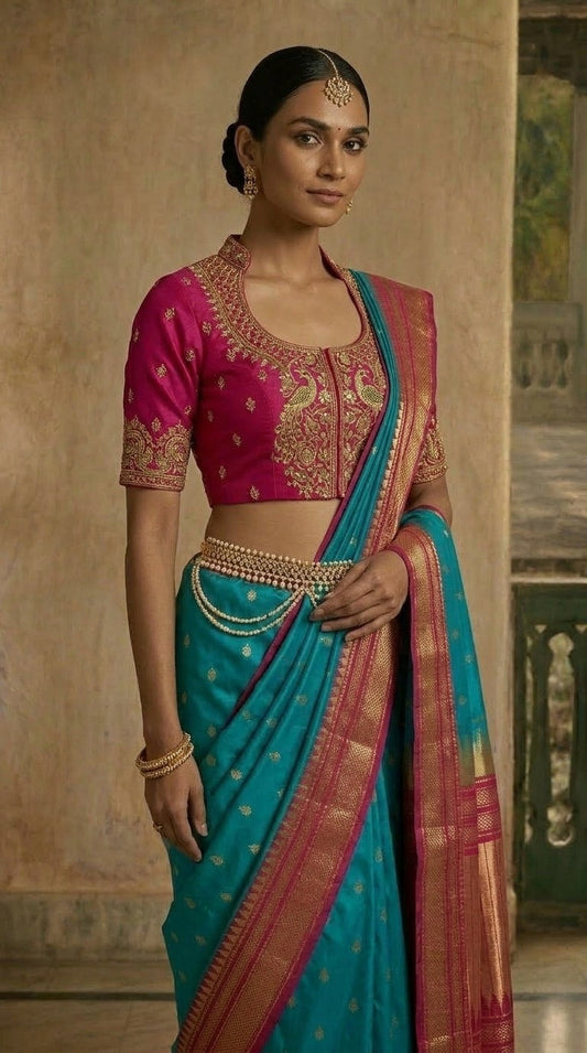 Ilkal Saree – Turquoise & Pink