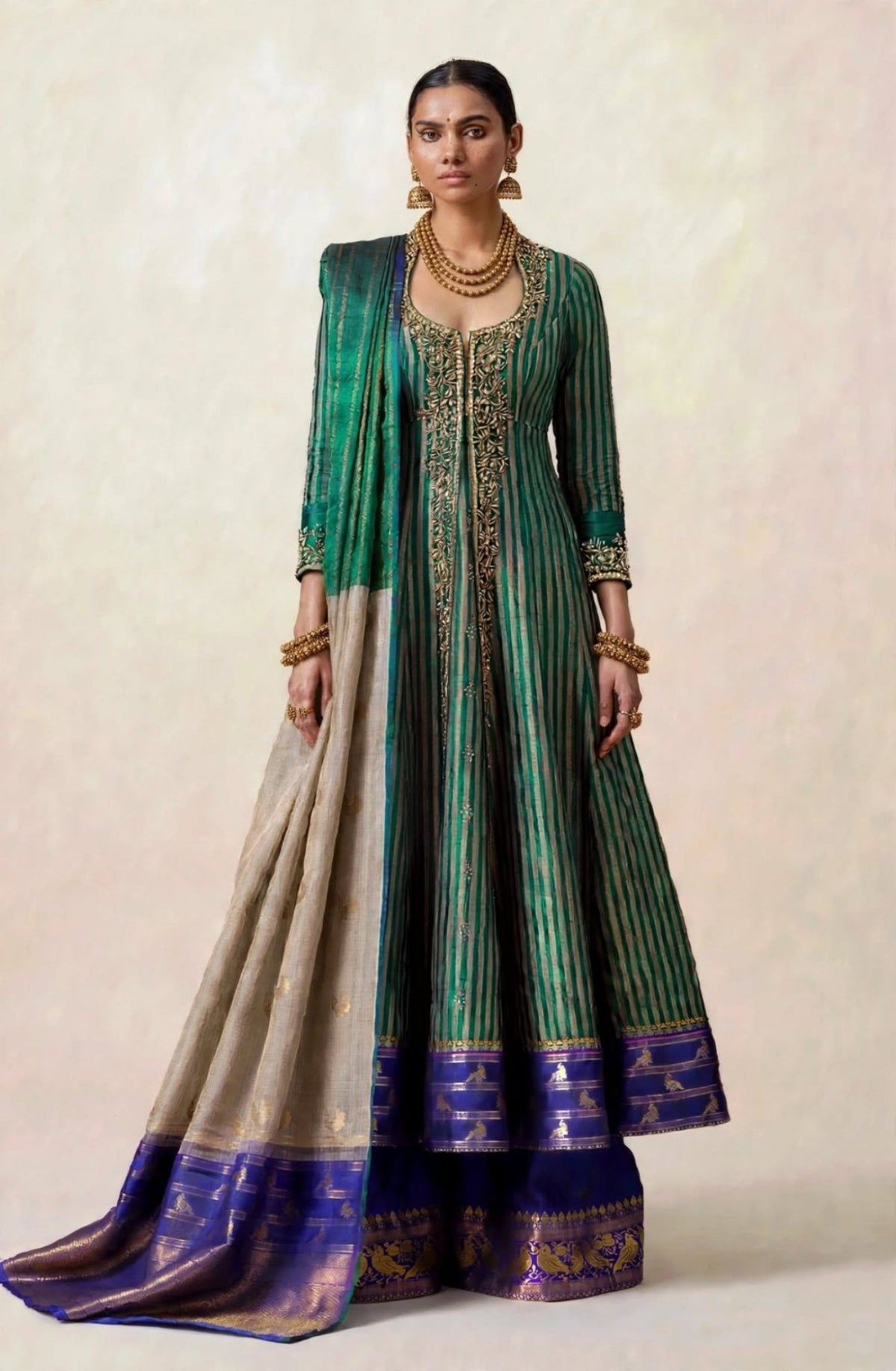 Forest Emerald handloom anarkali set - front view  