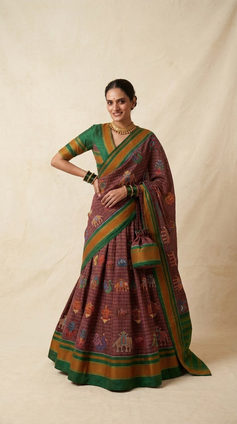 Folk Ilkal Handloom Cotton Silk Saree with Kasuti Embroidery