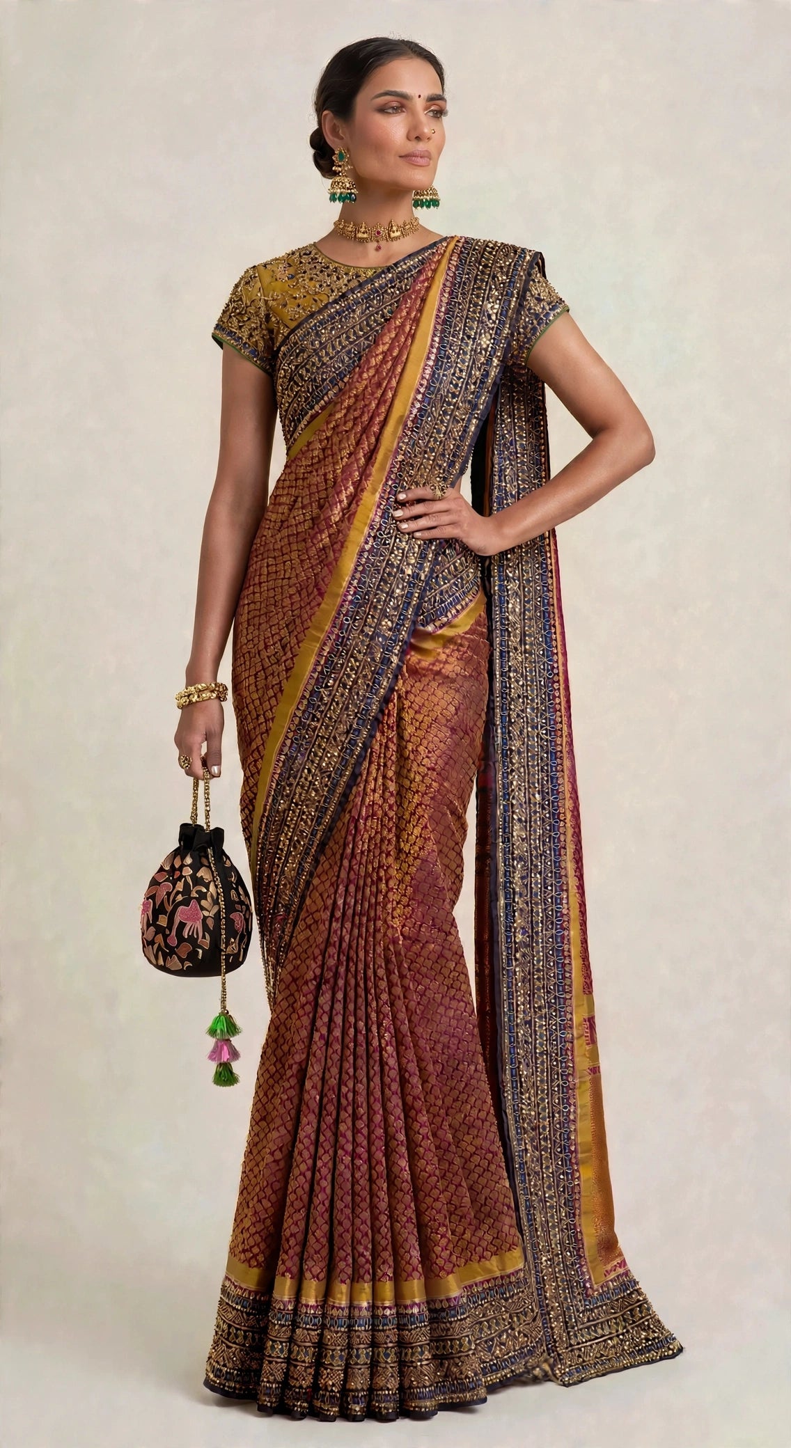 Crimson zari silk saree — seated front view showing allover brocade and Kasuti border