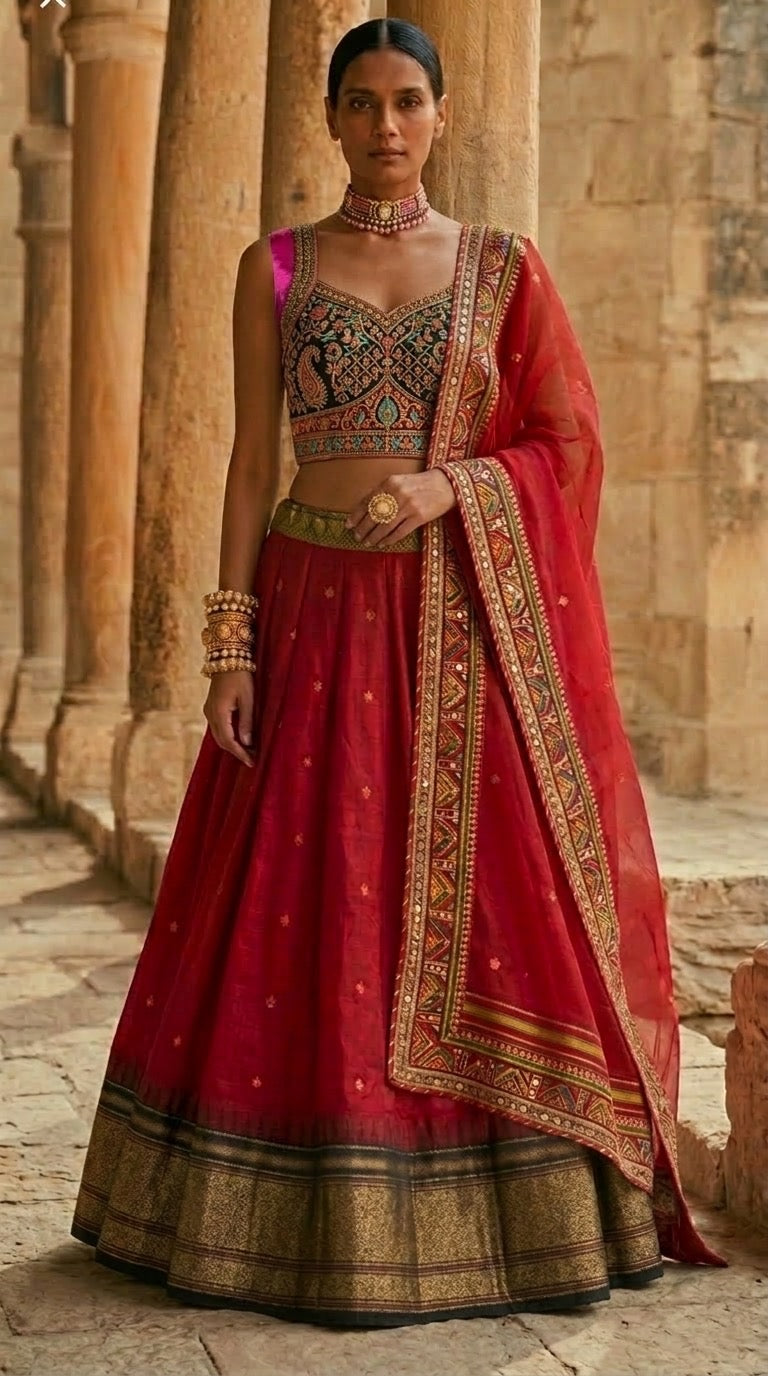 Crimson Silk Lehenga Set — Embroidered Sweetheart Blouse
