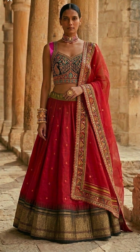 Crimson Silk Lehenga Set — Embroidered Sweetheart Blouse