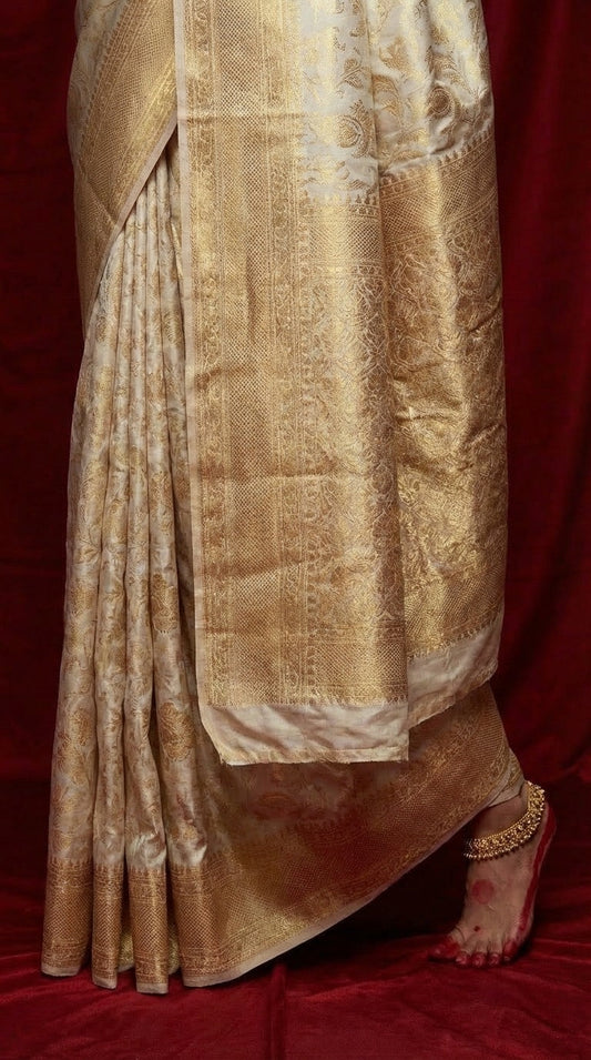 Ivory Gold Zari Handwoven Silk Saree