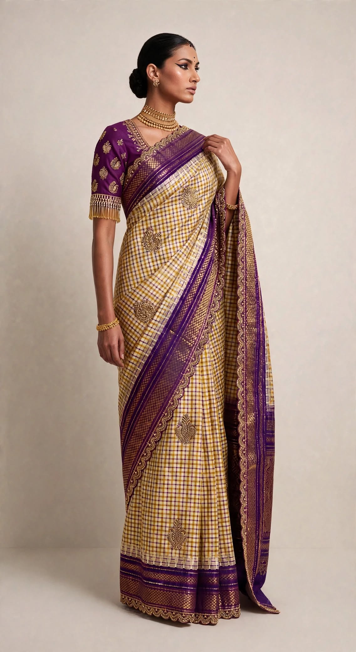 Mustard checks handloom silk saree with purple zari border — front standing view