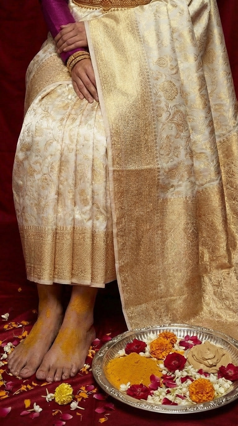 Ivory Gold Zari Handwoven Silk Saree