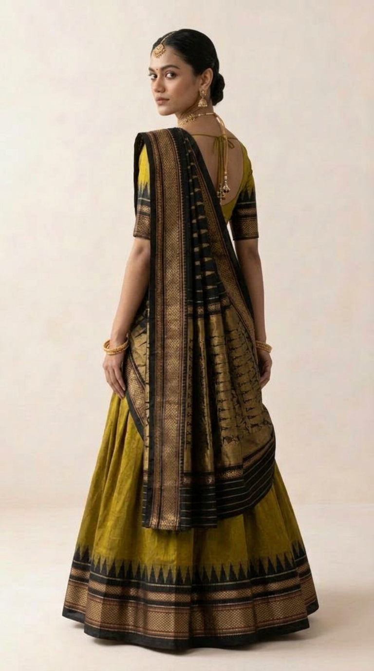 Handwoven Ilkal Silk Lehenga — Olive, Black & Gold Zari