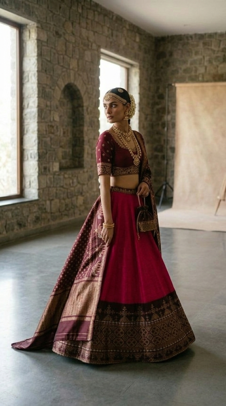 Kasuti Hand Embroidered Ilkal & Molkalmuru Lehenga — Karnataka Handloom