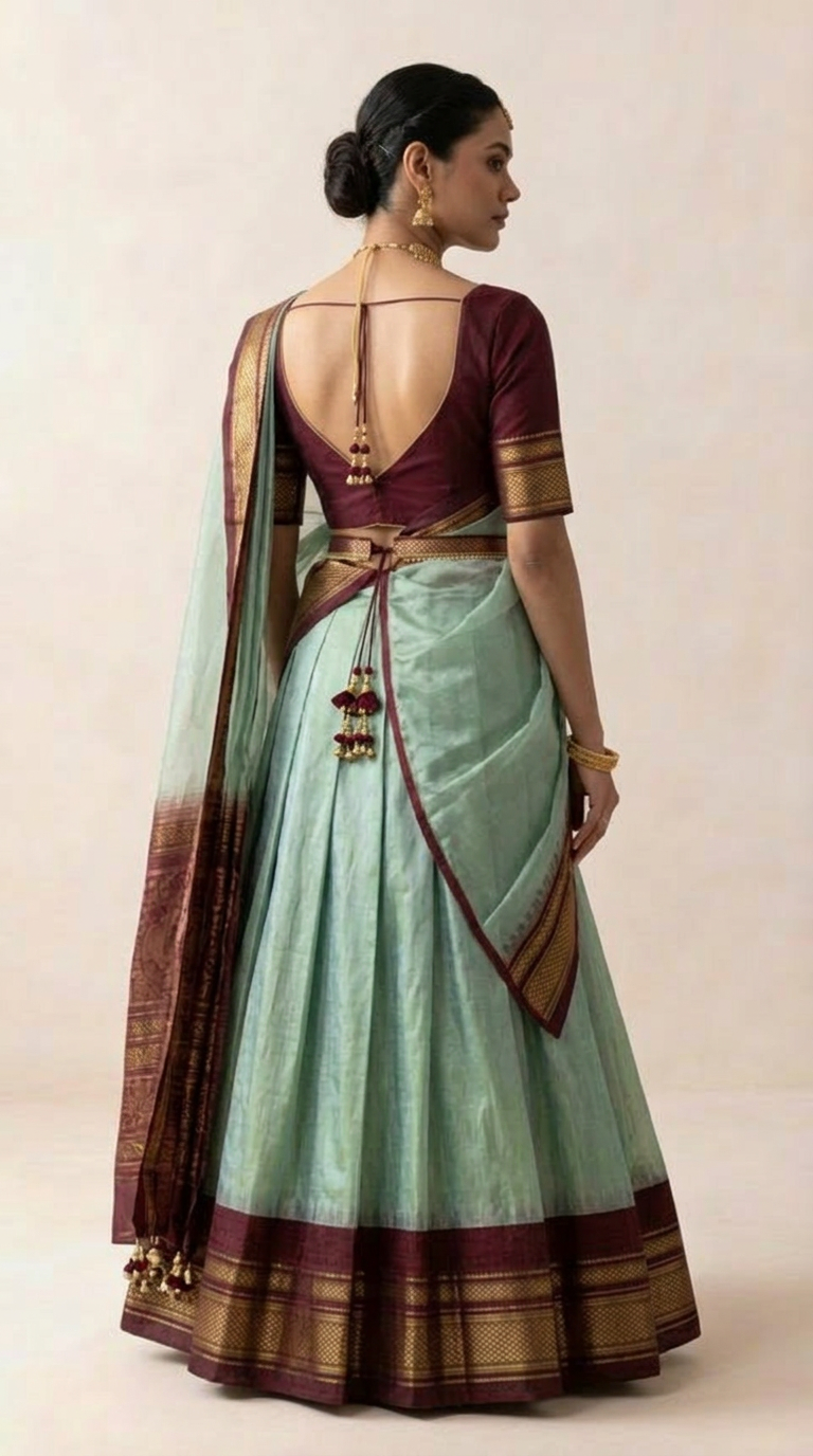 Handwoven Ilkal Silk Lehenga — Sage, Maroon & Gold Zari