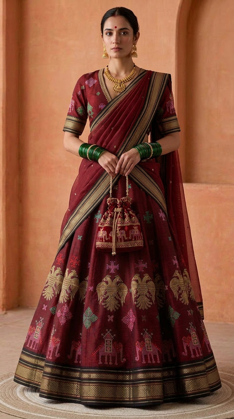 Gandaberunda Ilkal Silk Lehenga Set