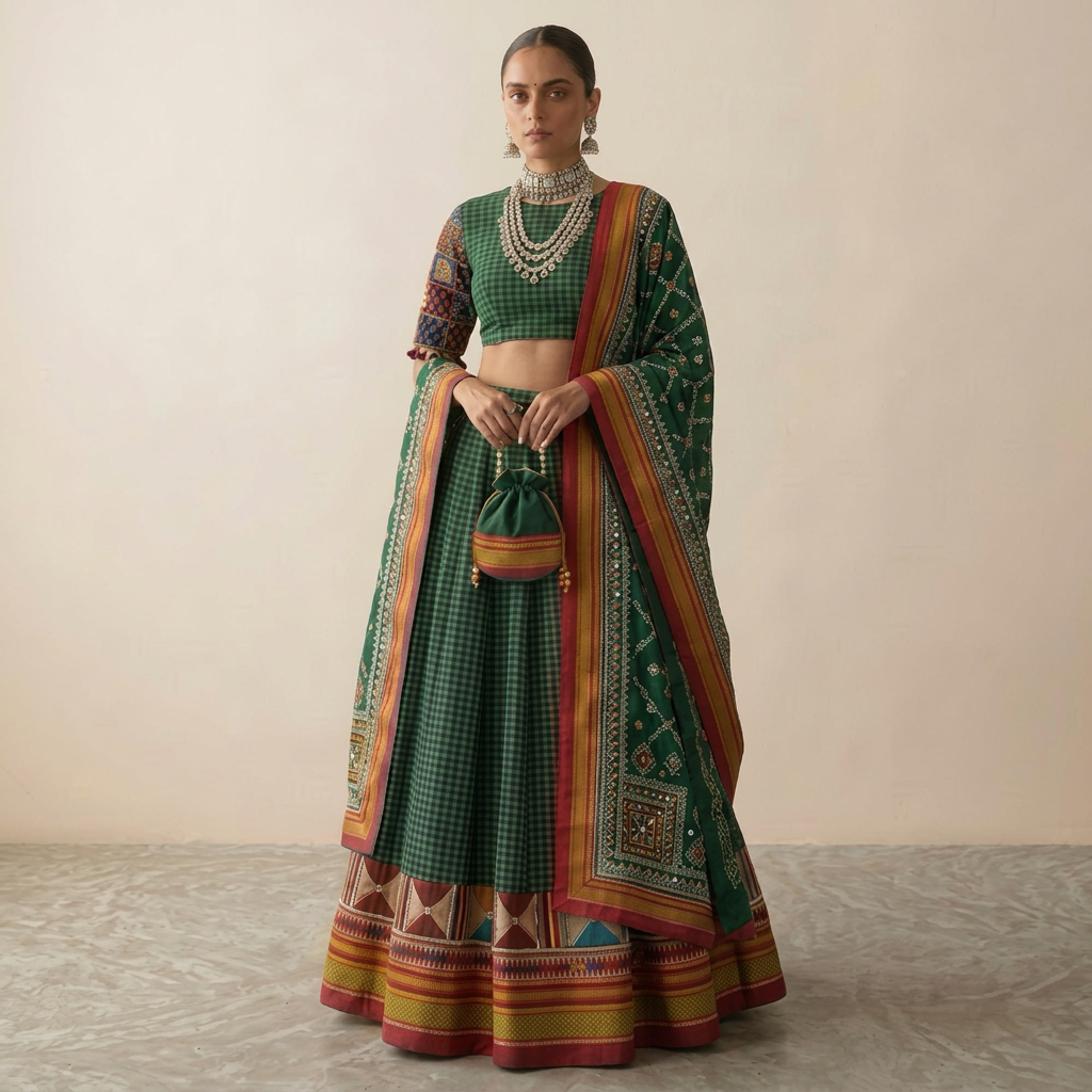 Ilkal Silk Lehenga Set with Patchwork Embroidered Blouse & Embroidered Dupatta