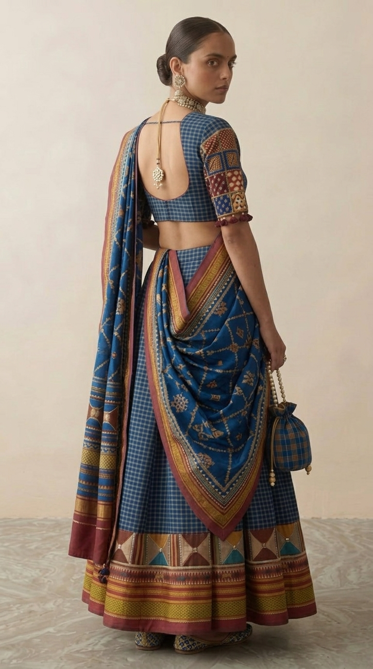 Ilkal Checks Lehenga  Kasuti Hand-Embroidered