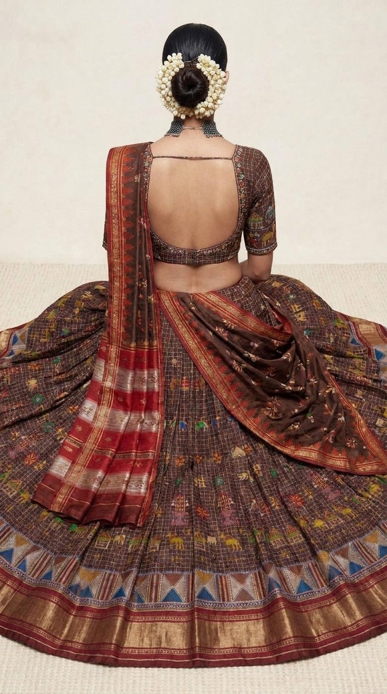 The Gudda Folk Ilkal lehenga — back view showing square open-back blouse and Topi Teni pallu