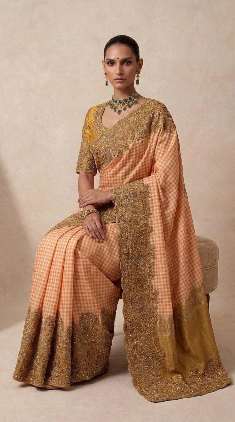 The Peach Gaja Silk Saree — seated front view showing embroidered border and pallu detail