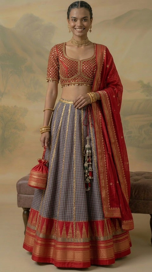 Ilkal Silk Lehenga Set with Embroidered Blouse & Dupatta