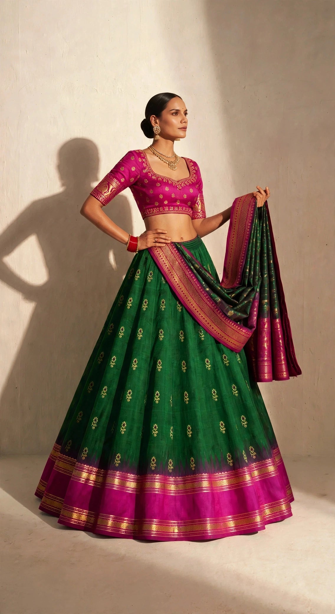 Emerald green Molkalmuru lehenga set - back view with dupatta