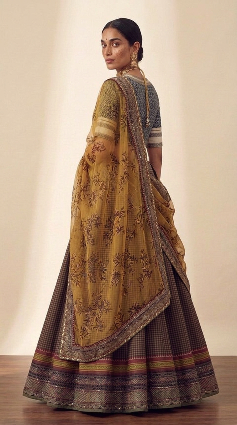 Handloom Ilkal Khanna lehenga set - back view full length