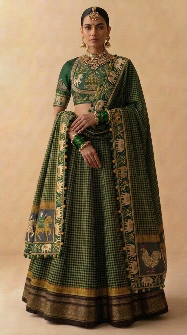 Forest green handloom lehenga - editorial full-length view in heritage setting