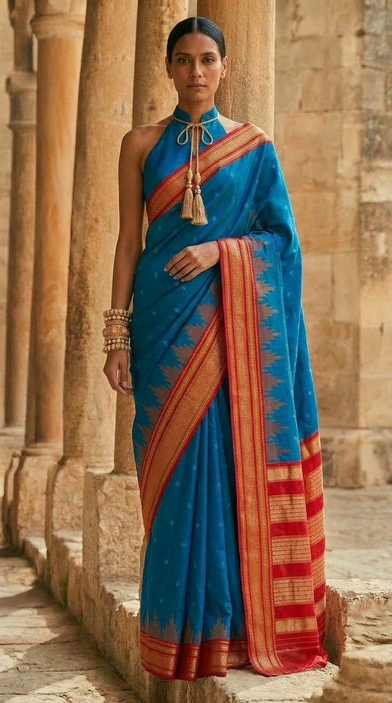 Sari de soie d'Ilkal - Bleu et rouge