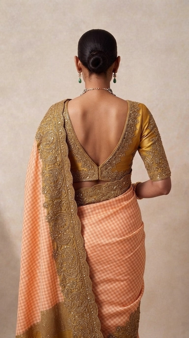 The Peach Gaja Silk Saree — back close-up showing hand-embroidered gold border and V-back blouse detail