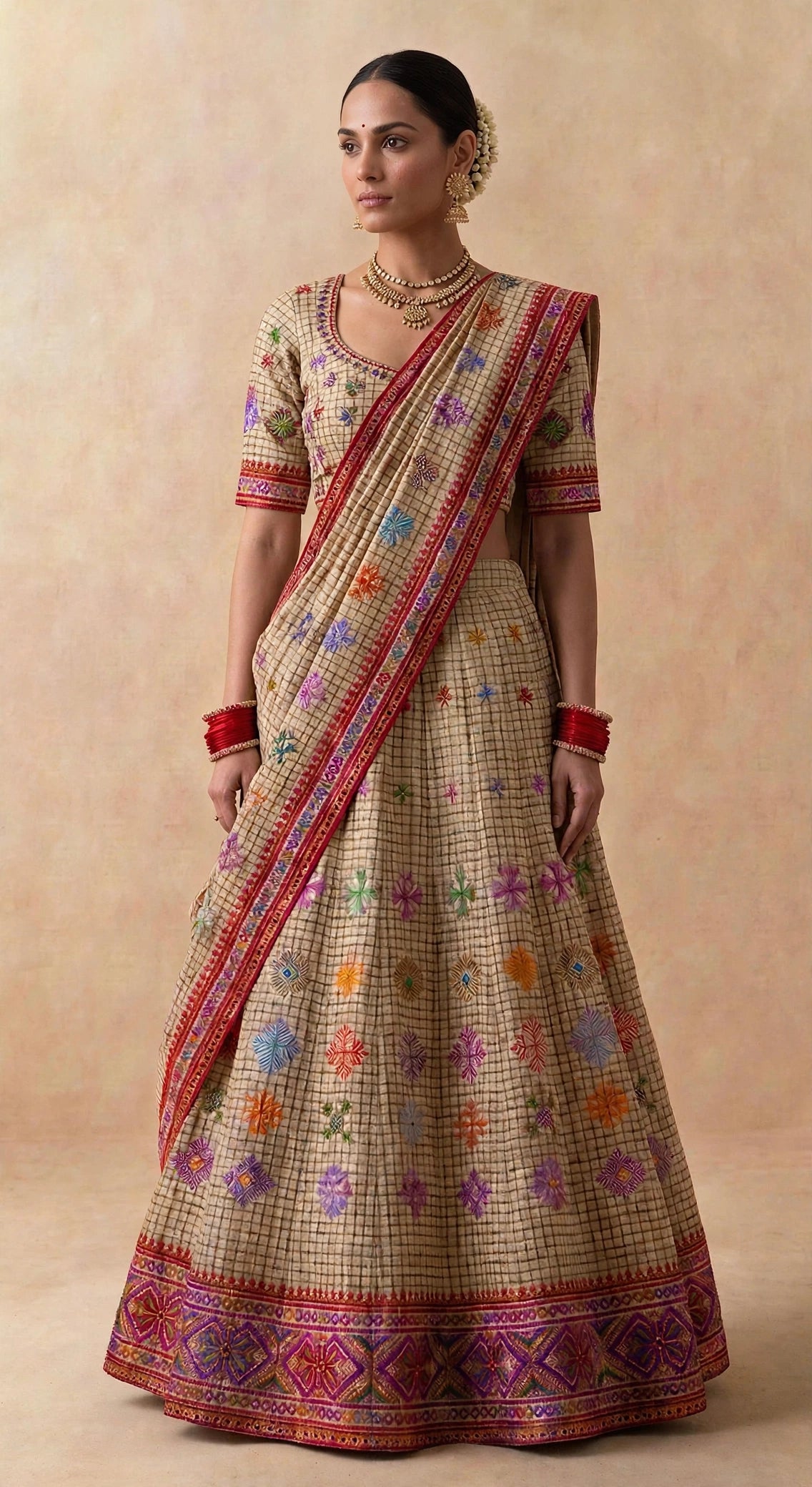 Cream Checks Silk Handloom Kasuti Lehenga