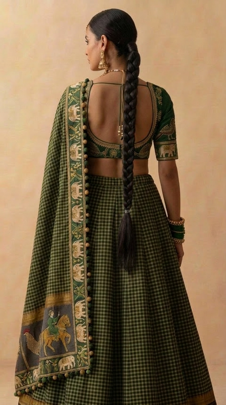 Forest green handloom lehenga - full front standing view with dupatta draped
