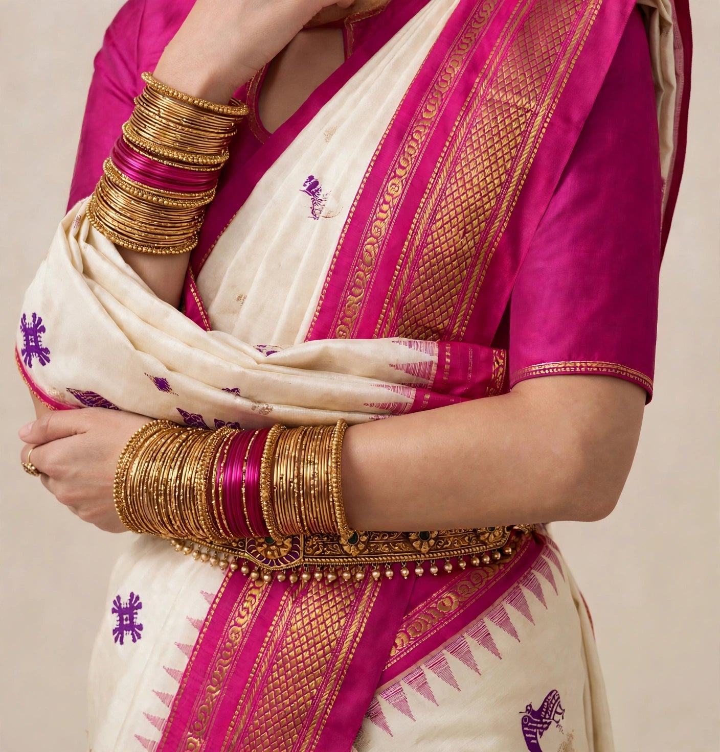 Ivory Ilkal handloom silk saree with Kasuti embroidery - close up of body motifs and magenta blouse
