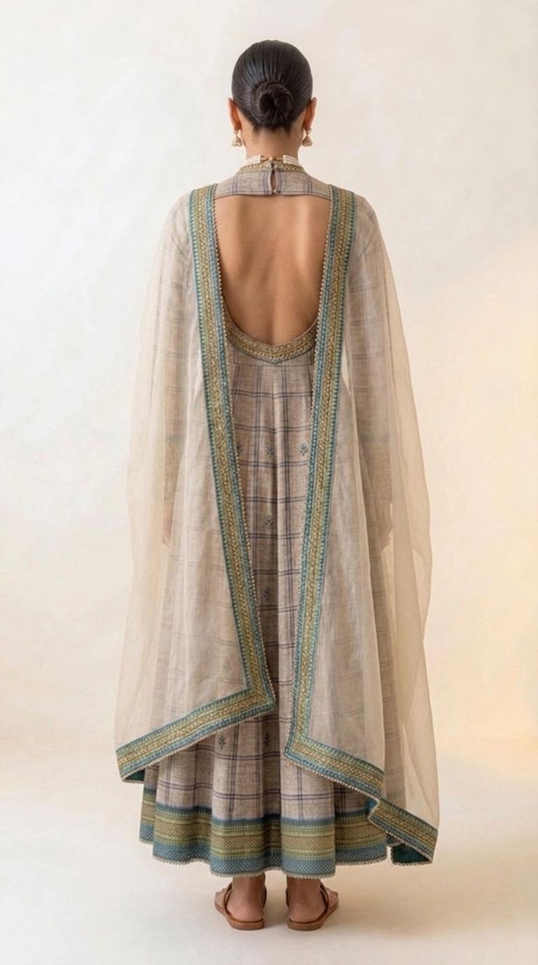 Grey Ilkal check handloom anarkali set with dupatta - back view