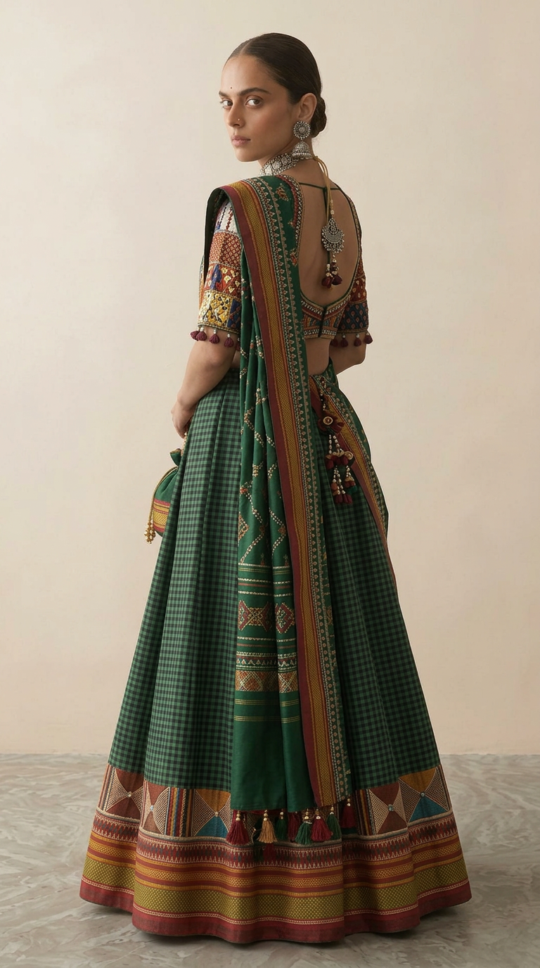 Ilkal Silk Lehenga Set with Patchwork Embroidered Blouse & Embroidered Dupatta