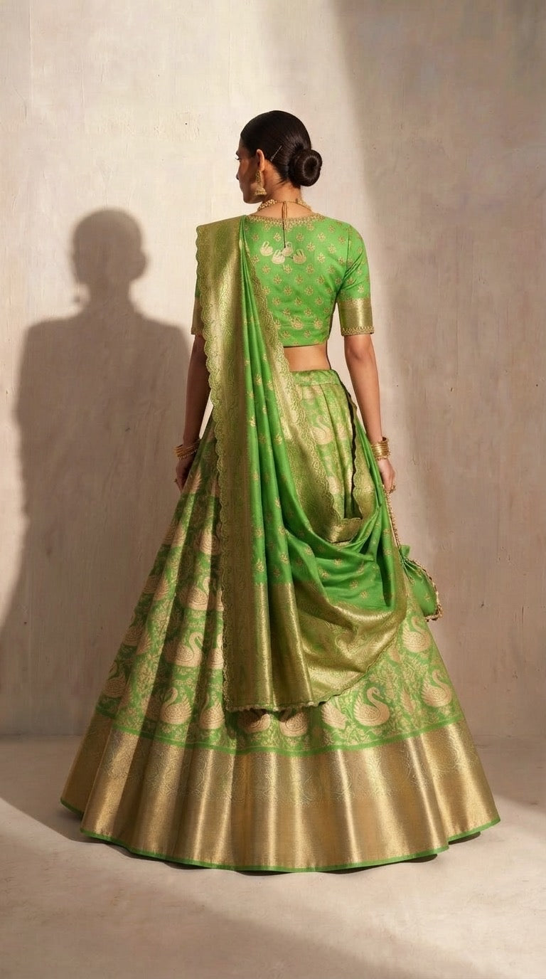Handloom silk lehenga in sage green with gold swan brocade — front view