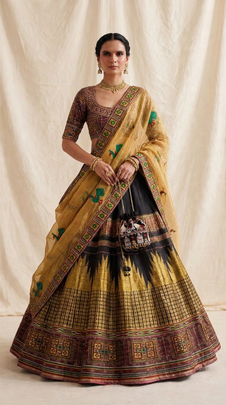 Black & Mustard Ilkal Silk Lehenga Set