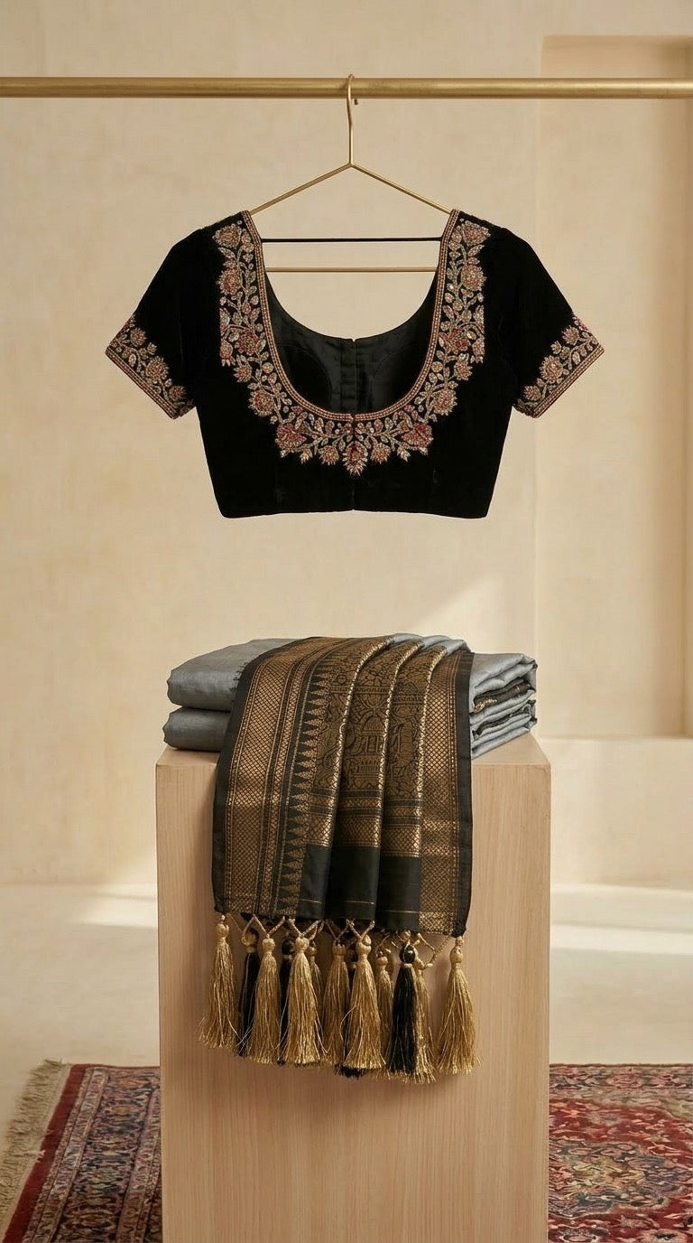 Ilkal Saree – Steel Grey & Black