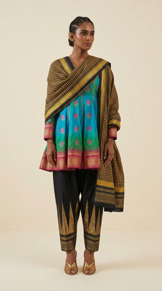 Ilkal Handloom Teal Ombre Silk Kurta Set with Dhoti Pants & Houndstooth Dupatta