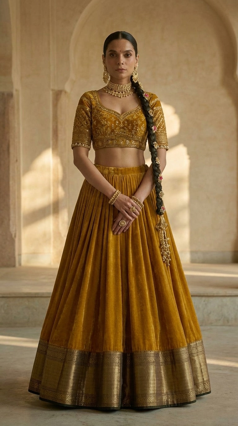 Mustard Gold Silk Lehenga with Gold Zari Border