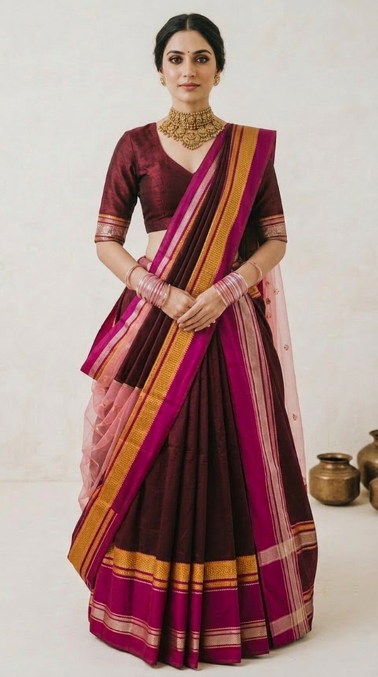 Ilkal Silk-Cotton Half Saree Organza Pallu & Zari Border