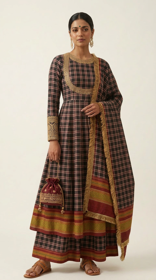Ilkal Handloom Anarkali Set — Vintage Coffee Checks