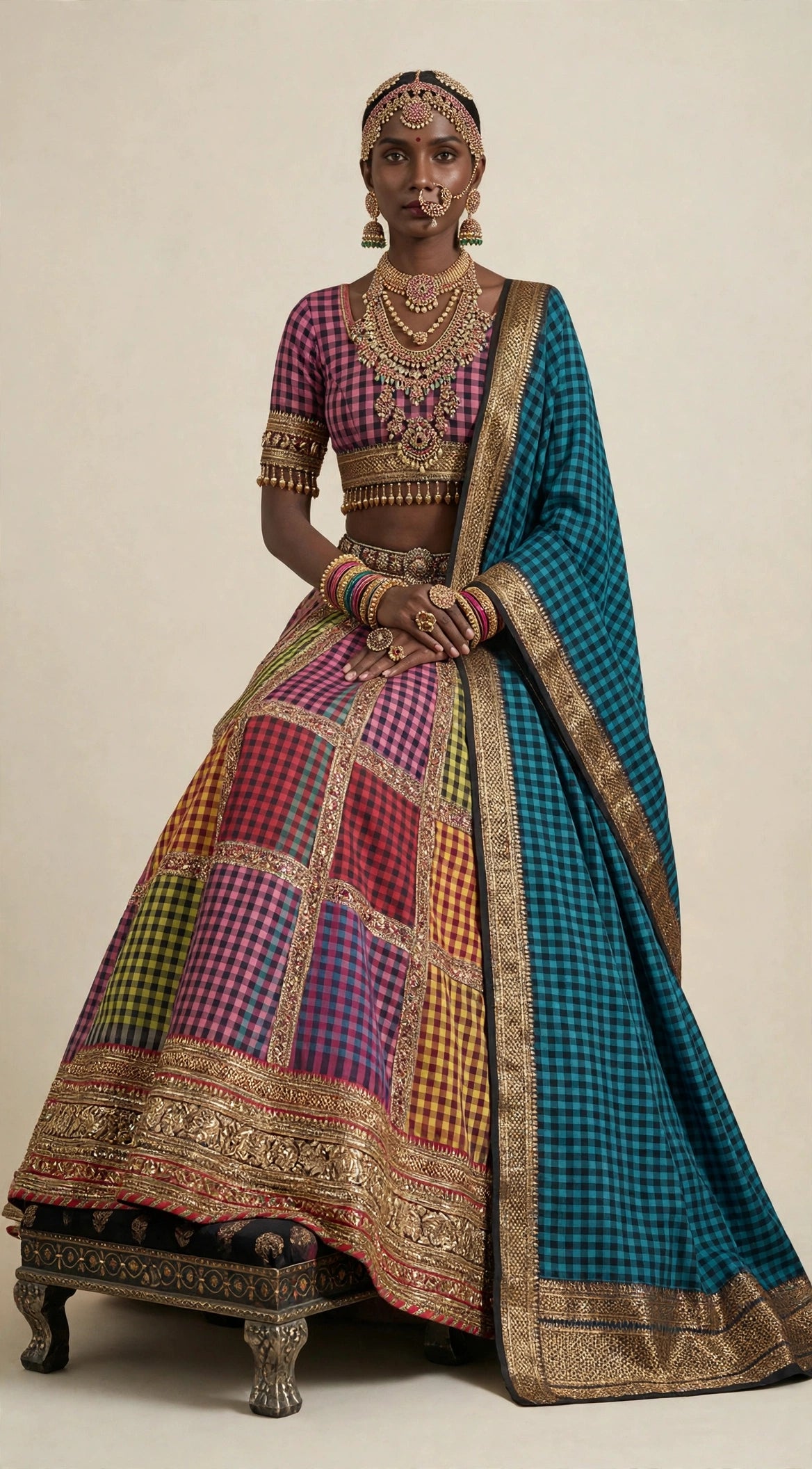 Ilkal Checks Patchwork Lehenga with Peacock-Blue Ilkal Dupatta