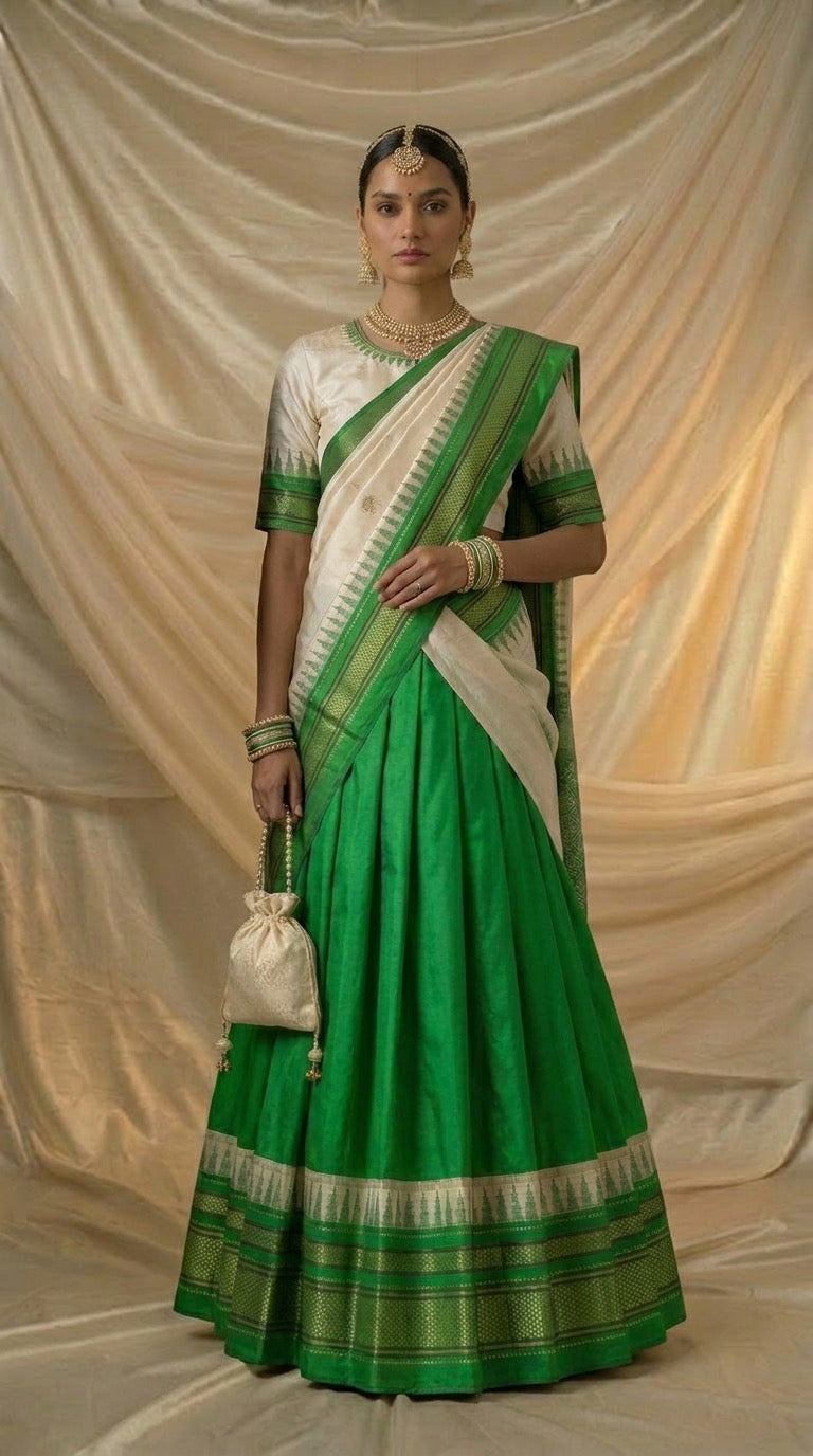 Handwoven Ilkal Silk Lehenga  Emerald Green, Ivory & Gold Zari