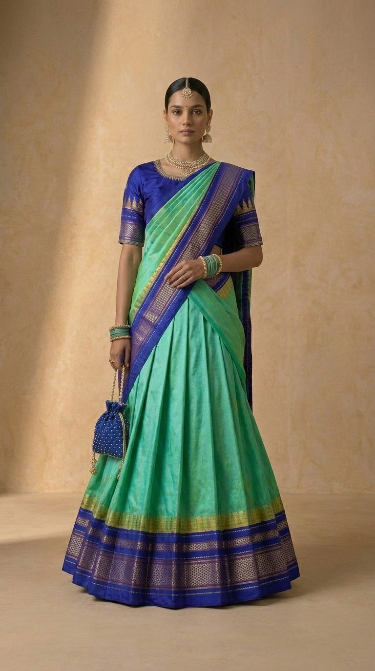 Handwoven Ilkal Silk Lehenga — Teal, Royal Blue & Gold Zari